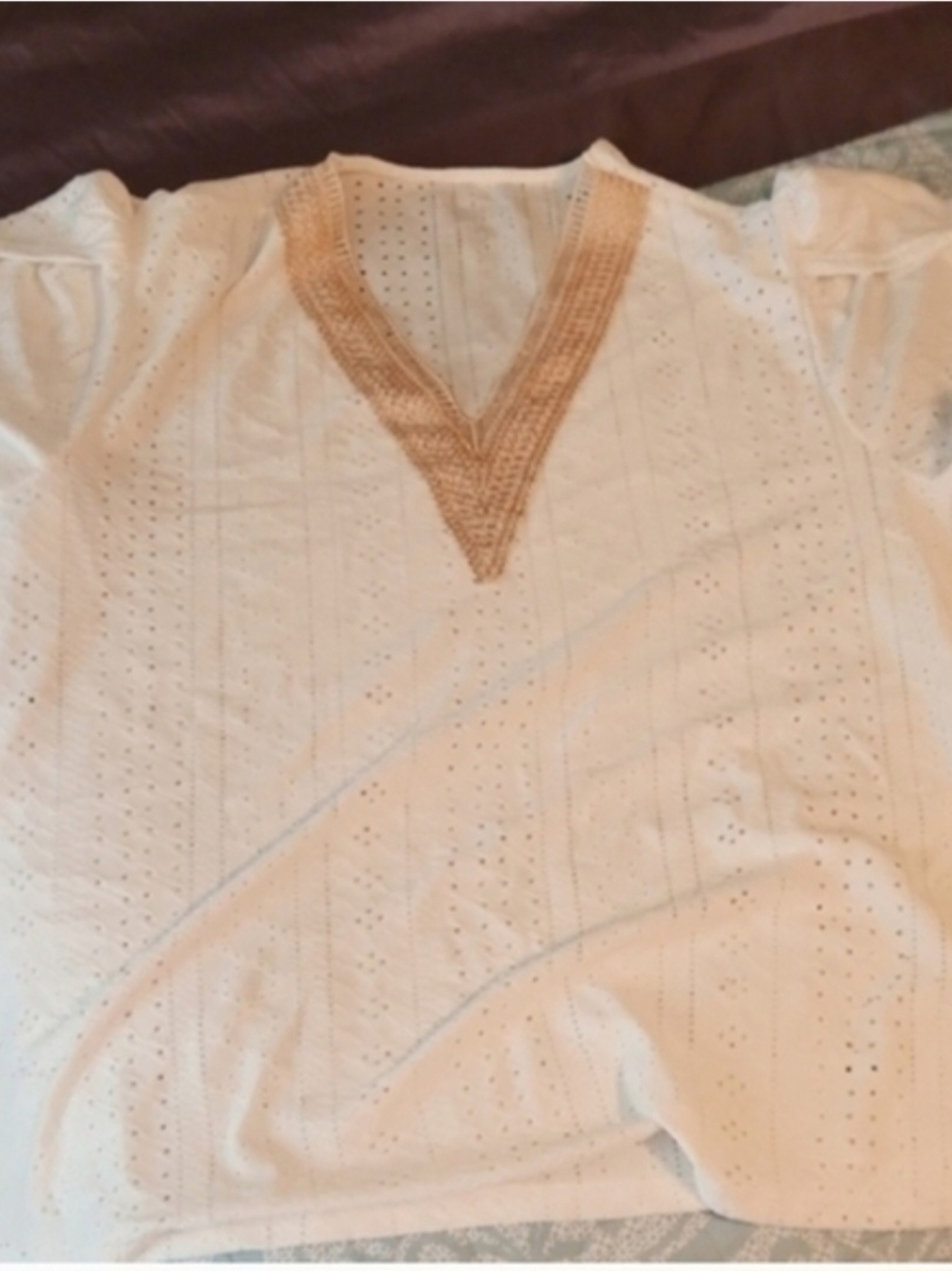 Women's Embroidered V-Neck Eyelet Top in Cream